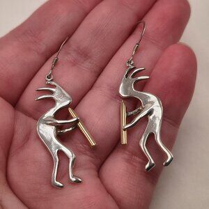 Vintage Sterling Silver Kokopelli Earrings With Gold-tone Flute
